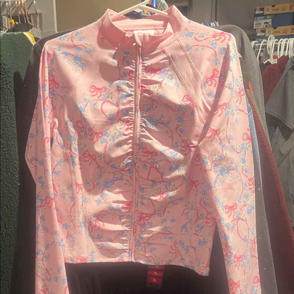 Ladies, shabby chic, zip up jacket, size medium pink color, 19 pit